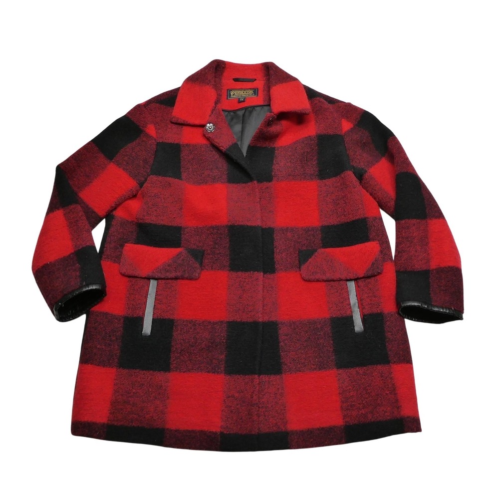 Pendleton Coat Womens XL Red Black Buffalo‎ Plaid Wool Blend Lined Faux Leather
